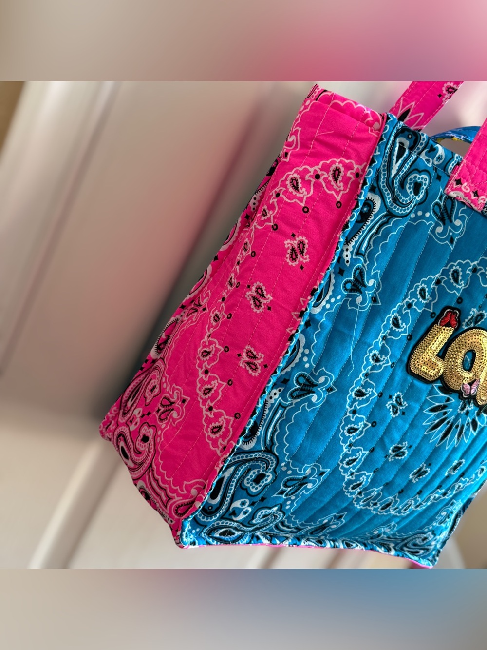 WHERE DID YOU GET THAT BAG Handmade Quilted Bandana Bag Turquoise & Pink - Picture 9 of 16